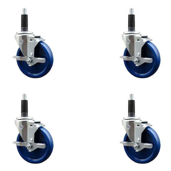 5'' SS Solid Poly Swivel 1'' Expanding Stem Caster Set with Brake, 4PK